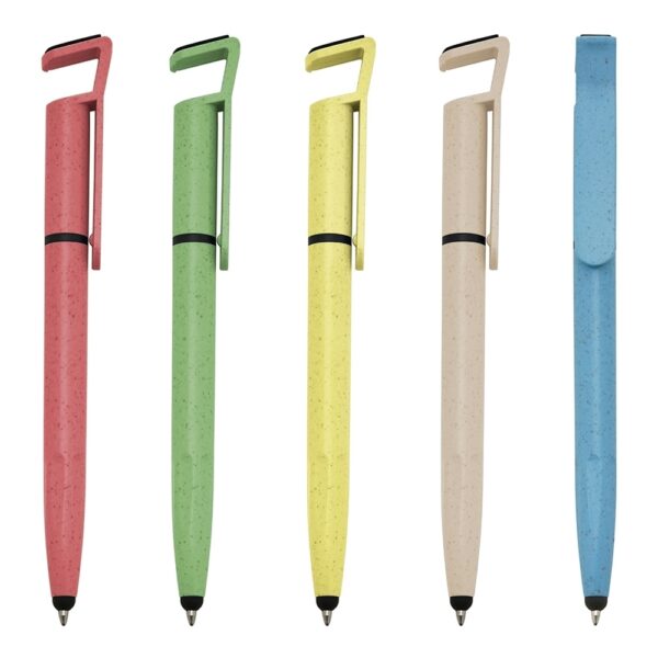 Caneta ecológica personalizada em fibra de bambu com ponteira touch screen, suporte para celular e limpador de tela integrado. Carga esferográfica azul 1.0mm e acionamento por rotação. Brinde corporativo sustentável e multifuncional, ideal para empresas que valorizam inovação, responsabilidade ambiental e praticidade no dia a dia. Perfeita para eventos, ações promocionais e campanhas de marketing verde.