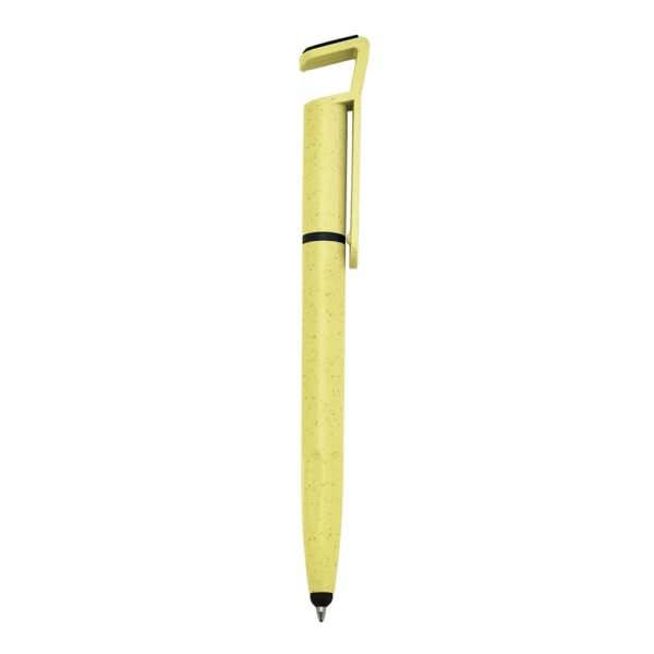 Caneta ecológica personalizada em fibra de bambu com ponteira touch screen, suporte para celular e limpador de tela integrado. Carga esferográfica azul 1.0mm e acionamento por rotação. Brinde corporativo sustentável e multifuncional, ideal para empresas que valorizam inovação, responsabilidade ambiental e praticidade no dia a dia. Perfeita para eventos, ações promocionais e campanhas de marketing verde.