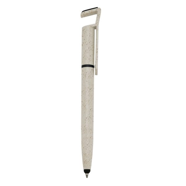 Caneta ecológica personalizada em fibra de bambu com ponteira touch screen, suporte para celular e limpador de tela integrado. Carga esferográfica azul 1.0mm e acionamento por rotação. Brinde corporativo sustentável e multifuncional, ideal para empresas que valorizam inovação, responsabilidade ambiental e praticidade no dia a dia. Perfeita para eventos, ações promocionais e campanhas de marketing verde.
