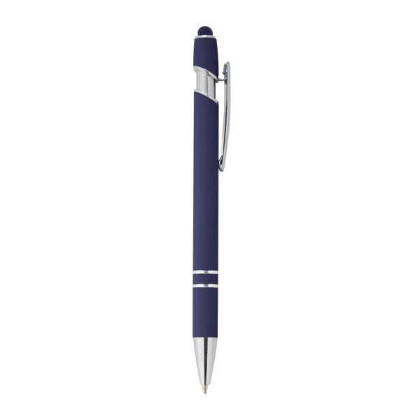 Caneta metálica touchscreen com acabamento emborrachado soft touch, acionamento por clique e carga esferográfica azul 1.0mm. Modelo elegante e multifuncional, ideal para uso em dispositivos móveis com tela sensível ao toque. Brinde corporativo sofisticado e útil para o dia a dia.