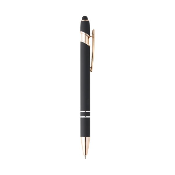 Caneta metálica touchscreen com acabamento emborrachado soft touch, acionamento por clique e carga esferográfica azul 1.0mm. Modelo elegante e multifuncional, ideal para uso em dispositivos móveis com tela sensível ao toque. Brinde corporativo sofisticado e útil para o dia a dia.