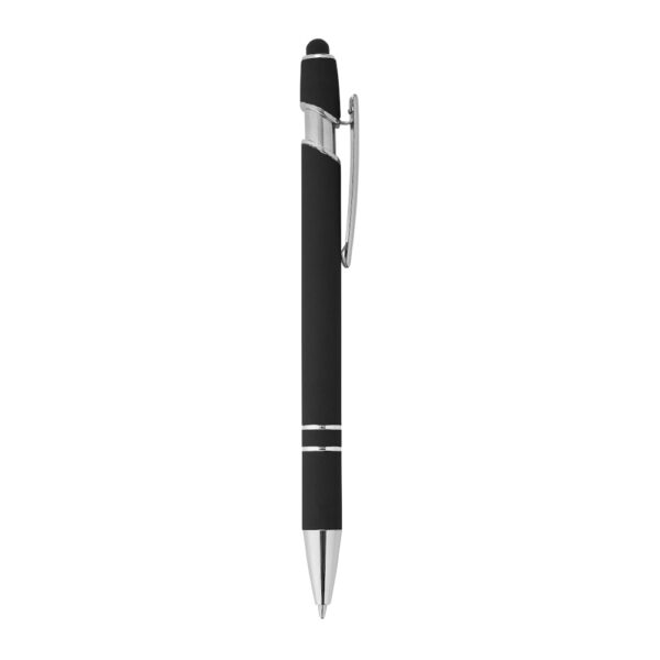 Caneta metálica touchscreen com acabamento emborrachado soft touch, acionamento por clique e carga esferográfica azul 1.0mm. Modelo elegante e multifuncional, ideal para uso em dispositivos móveis com tela sensível ao toque. Brinde corporativo sofisticado e útil para o dia a dia.
