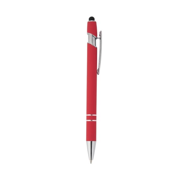 Caneta metálica touchscreen com acabamento emborrachado soft touch, acionamento por clique e carga esferográfica azul 1.0mm. Modelo elegante e multifuncional, ideal para uso em dispositivos móveis com tela sensível ao toque. Brinde corporativo sofisticado e útil para o dia a dia.