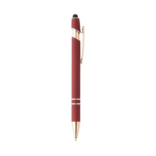 Caneta metálica touchscreen com acabamento emborrachado soft touch, acionamento por clique e carga esferográfica azul 1.0mm. Modelo elegante e multifuncional, ideal para uso em dispositivos móveis com tela sensível ao toque. Brinde corporativo sofisticado e útil para o dia a dia.