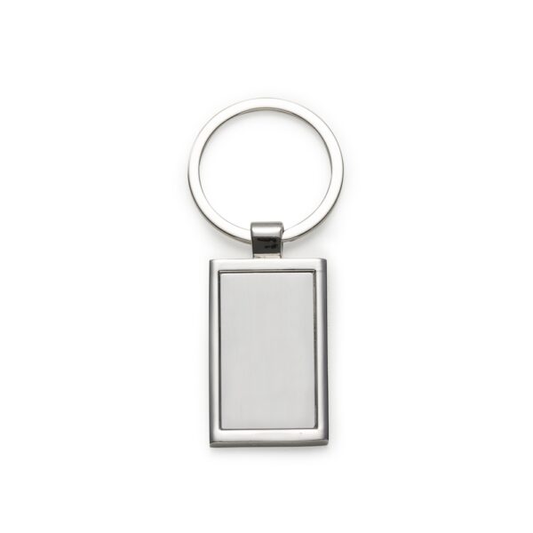 Chaveiro de metal retangular com argola, ideal para personalização em brindes