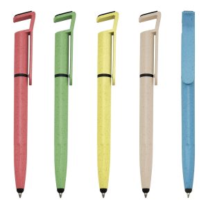 Caneta ecológica personalizada em fibra de bambu com ponteira touch screen, suporte para celular e limpador de tela integrado. Carga esferográfica azul 1.0mm e acionamento por rotação. Brinde corporativo sustentável e multifuncional, ideal para empresas que valorizam inovação, responsabilidade ambiental e praticidade no dia a dia. Perfeita para eventos, ações promocionais e campanhas de marketing verde.