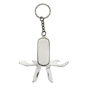 Chaveiro de metal em formato de canivete com 4 funções e argola, personalizado para brindes corporativos